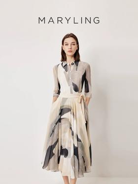 2楼MARYLING玛俪琳2026春季新品米黑抽象笔触印花连衣裙A1GBW62120吊牌价5960