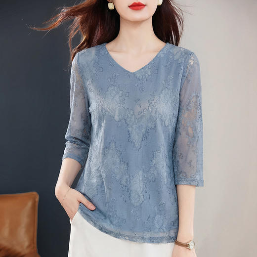 七分袖蕾丝衫T恤女士2026春季新款V领宽松洋气减龄上衣大码显瘦 商品图1