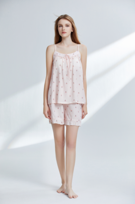 【59元超值新品体验】【秀黛】女冰激凌印花杯垫吊带套装莱赛尔加麻丝滑透气少女感女士夏季睡衣家居服W2551078T【门店同款】