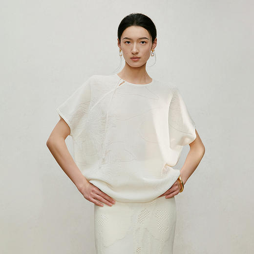 【林栖设计小店】手工盘扣|米白提花国风气质针织衫2026夏新款毛织上衣1962101 商品图0