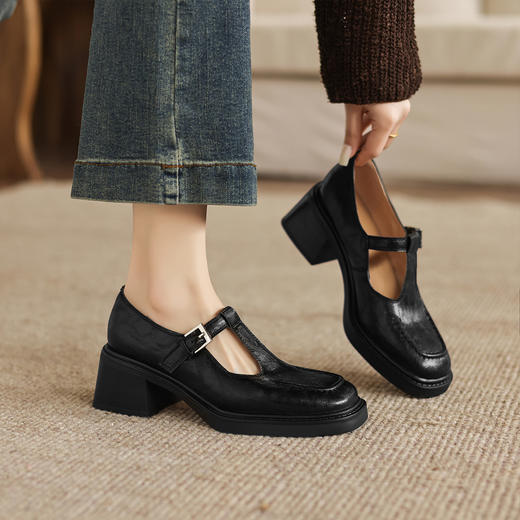 阿么手工女鞋春季丁字扣真皮玛丽珍单鞋2026新款英伦风小皮鞋6CM 商品图1