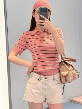 Miu* 26Ss春夏新款 撞色条纹棉质Polo短袖针织衫（MM）