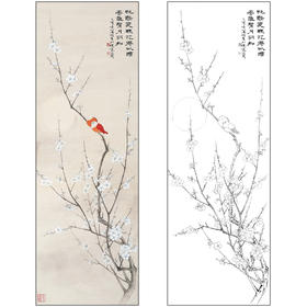 工笔画白描底稿于非闇花鸟《月色双禽》临摹勾线高清打印稿FA74