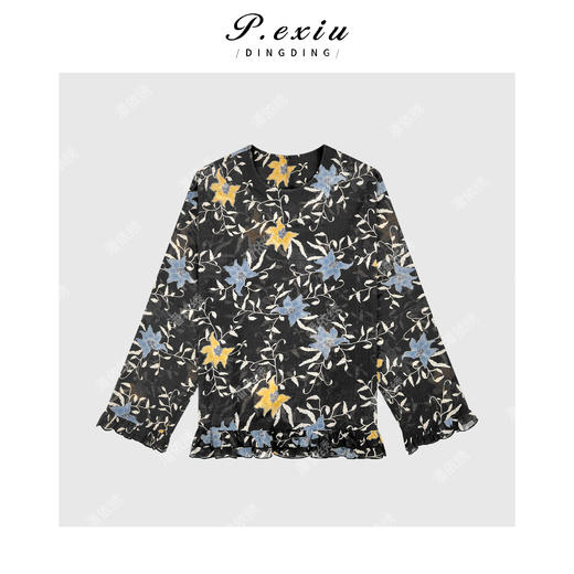 03-5潘依绣丁丁宠粉人丝拼接花边下摆圆领长袖衬衫 W-63012 商品图1