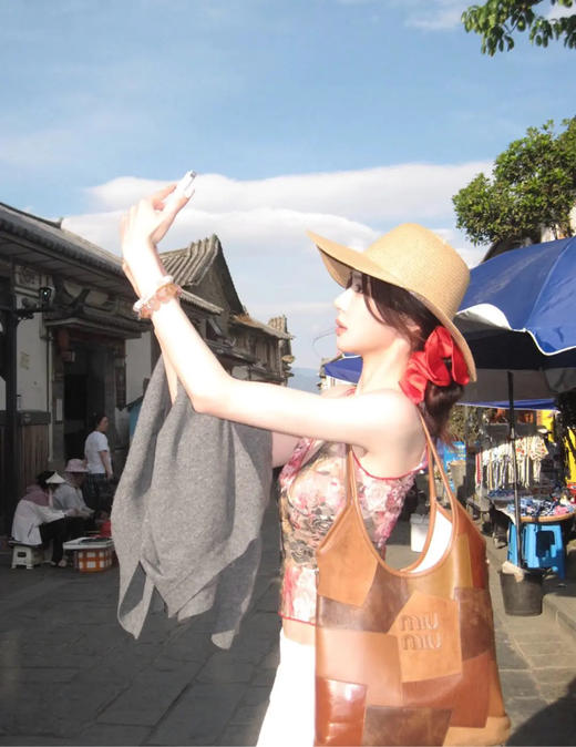 缪缪 Ivy皮革拼贴 干邑色 牛皮 单肩包 商品图4