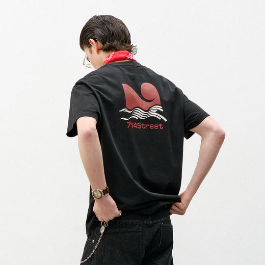 714street夏季马形LOGO短袖上衣 美式复古纯棉印花口袋情侣T恤男 商品图0