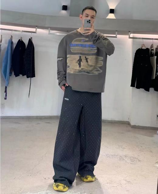 F032720闪银星空烫钻休闲宽松百搭直筒廓形情侣款长裤 商品图8