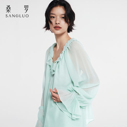 欧若风』桑罗圆领喇叭袖桑蚕丝睡衣套装女家居服可外穿2026新款 商品图3