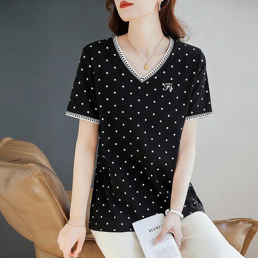 黑色波点V领短袖T恤女2026夏季新款大码女装宽松显瘦洋气减龄上衣 商品图3