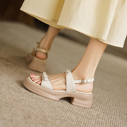 阿么手工女鞋夏季外穿高跟凉鞋5CM一字带蝴蝶结百搭松糕鞋子软底 商品图2