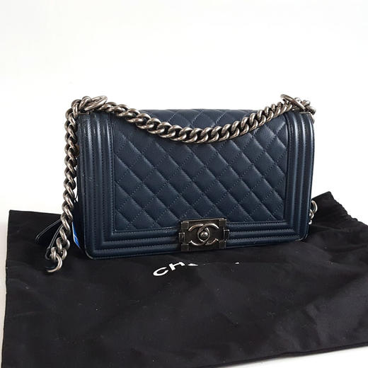 【9新】CHANEL香奈儿LEBOYA67086Y833384B800中号蓝色银扣荔枝牛皮LEBOY链条包单肩包女士180326TJ19 商品图1