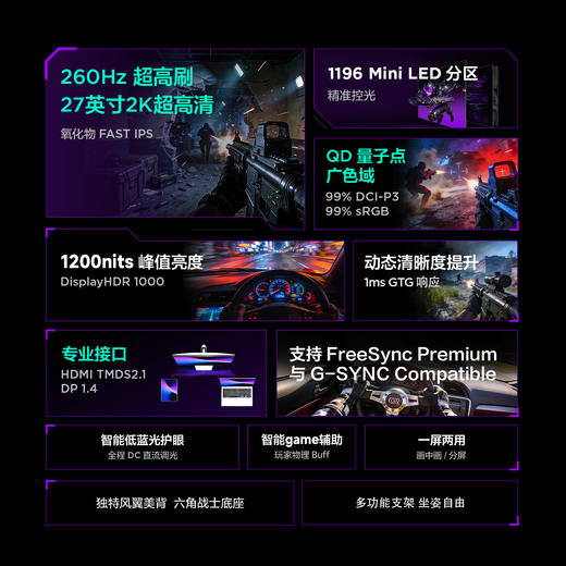【FFALCON雷鸟】雷鸟27英寸2K260Hz 1196分区QD-MiniLED电竞显示屏 DC调光护眼 HDR1000 电脑显示器Q7A征服者二代 27Q7A 商品图1