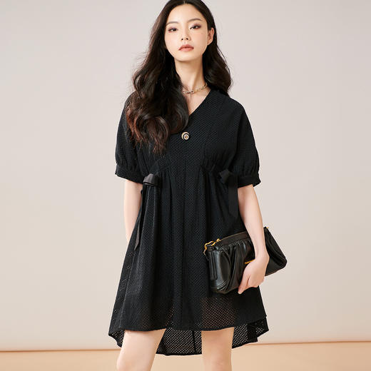 芳外2025夏季新款时尚黑色短袖连衣裙镂空设计收腰宽松裙子0332 商品图3