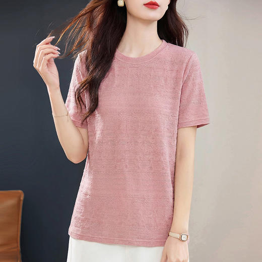 粉色短袖肌理提花T恤女2026夏新款大码女装遮肉显瘦宽松休闲上衣 商品图0