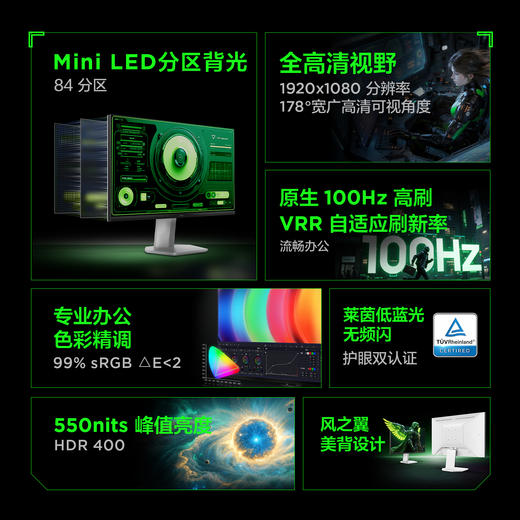 【FFALCON雷鸟】雷鸟23.8英寸100Hz MiniLED办公电脑显示器 99%SRGB莱茵护眼认证 电竞显示屏 高亮不反光 一级能效R24Q51-FHD 商品图1