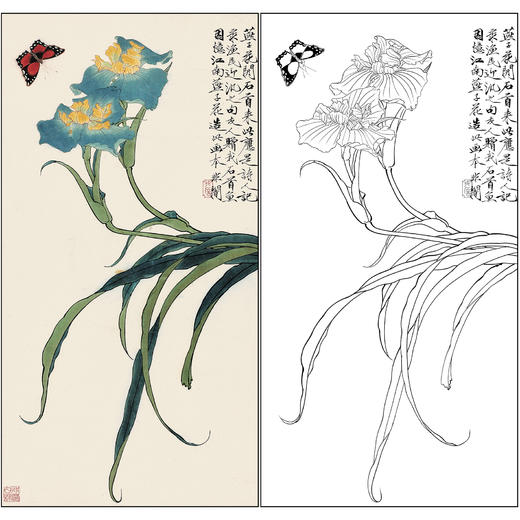 工笔画白描底稿于非闇花鸟《燕子花开蛱蝶来》临摹勾线高清打印稿FA70 商品图0