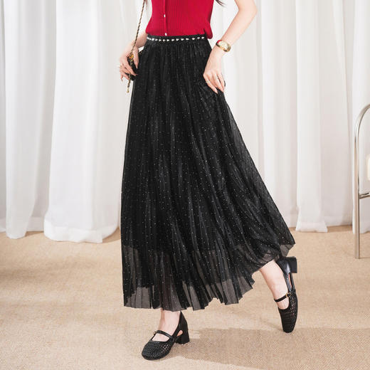 「自」全新升级【铂金会员146/天猫189/差价43】(23514)洛诗琳高腰仙气网纱半身裙女2026春夏新款显瘦A字百褶裙 商品图2