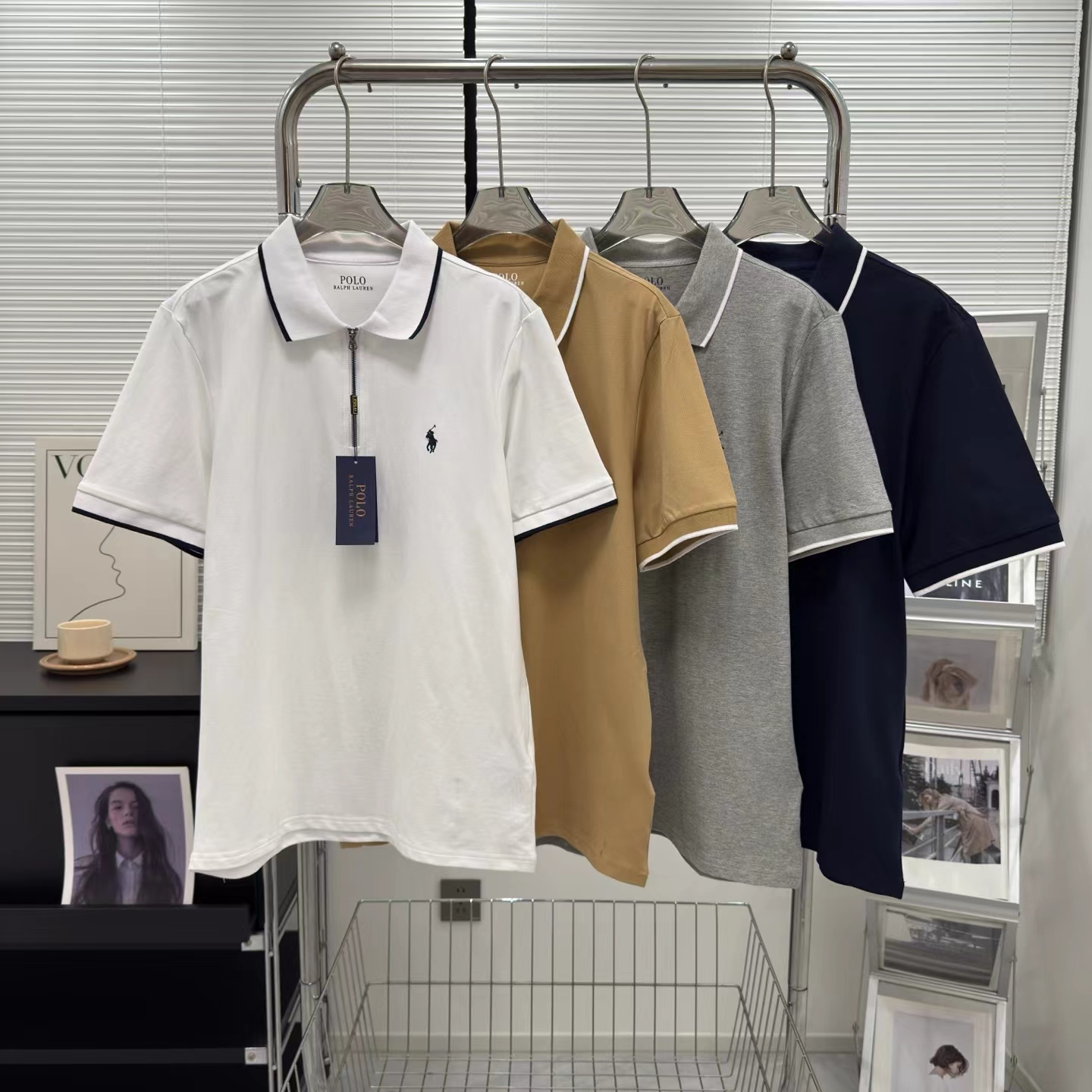 F032777休闲纯色领子小马刺绣半拉链新款镶边翻领男士POLO衫