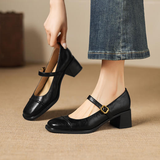 阿么手工女鞋极简风一字带玛丽珍鞋2026新款百搭气质方头单鞋5CM 商品图4