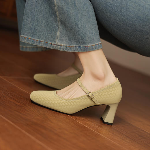 阿么手工女鞋一字带编织真皮高跟鞋女不累脚法式小方头单鞋6.3CM 商品图3
