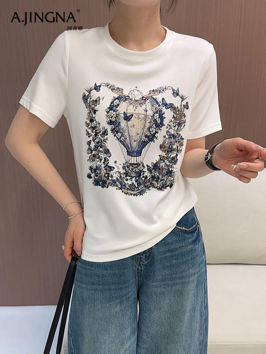 【日常通勤】阿菁娜春季新款复古热气球印花AB面短袖T恤F31C301022 商品图1