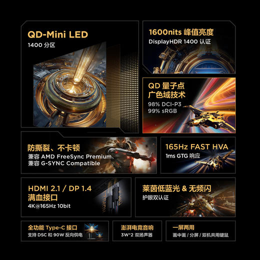 【FFALCON雷鸟】雷鸟32U8 31.5英寸4K165Hz 1400分区QD-MiniLED高刷电竞游戏显示屏 Type-C90W 旋转升降办公电脑显示器R32U81 商品图1