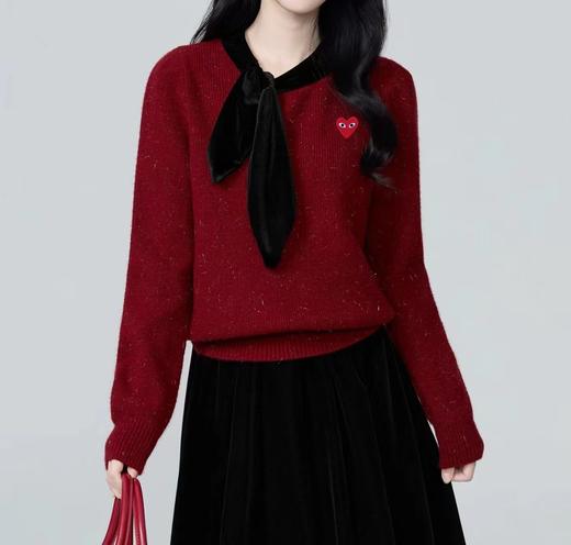 F032705春季新款温柔甜妹风丝绒蝴蝶结软糯亲肤针织圆领毛衣 商品图8