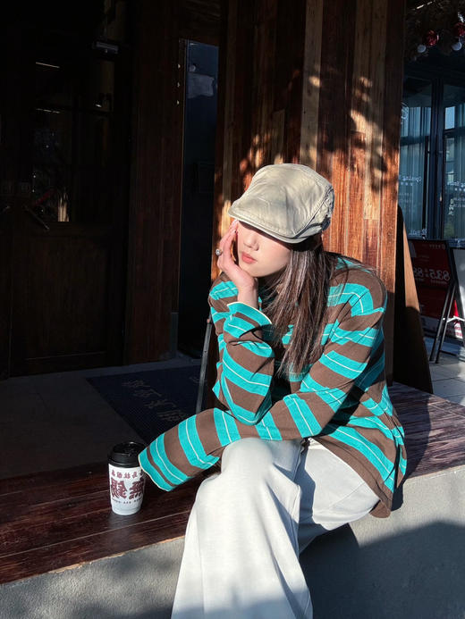 【条纹控】噢蜜ooomeooo三醋酸绿条纹宽松套头衫 商品图6