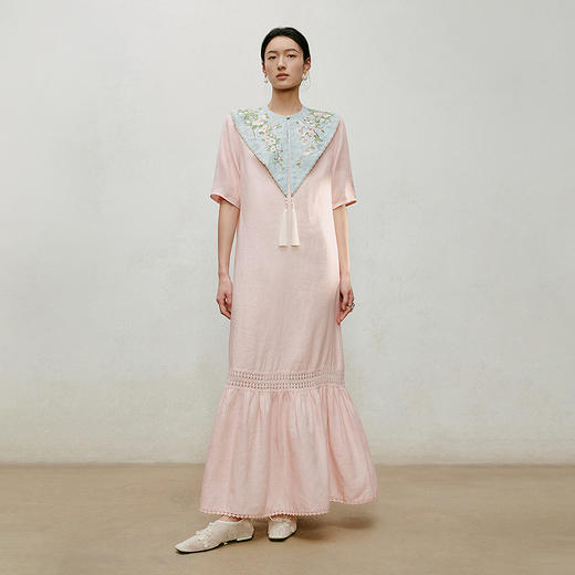 【林栖设计小店】漫芳华|肉粉色花边温柔百搭宽松2026夏新款立领连衣裙1962092 商品图4