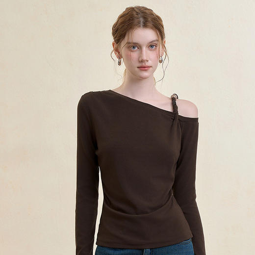 西遇复古串珠扭结吊带斜肩长袖T恤女新款设计感修身上衣LXD55246 商品图0