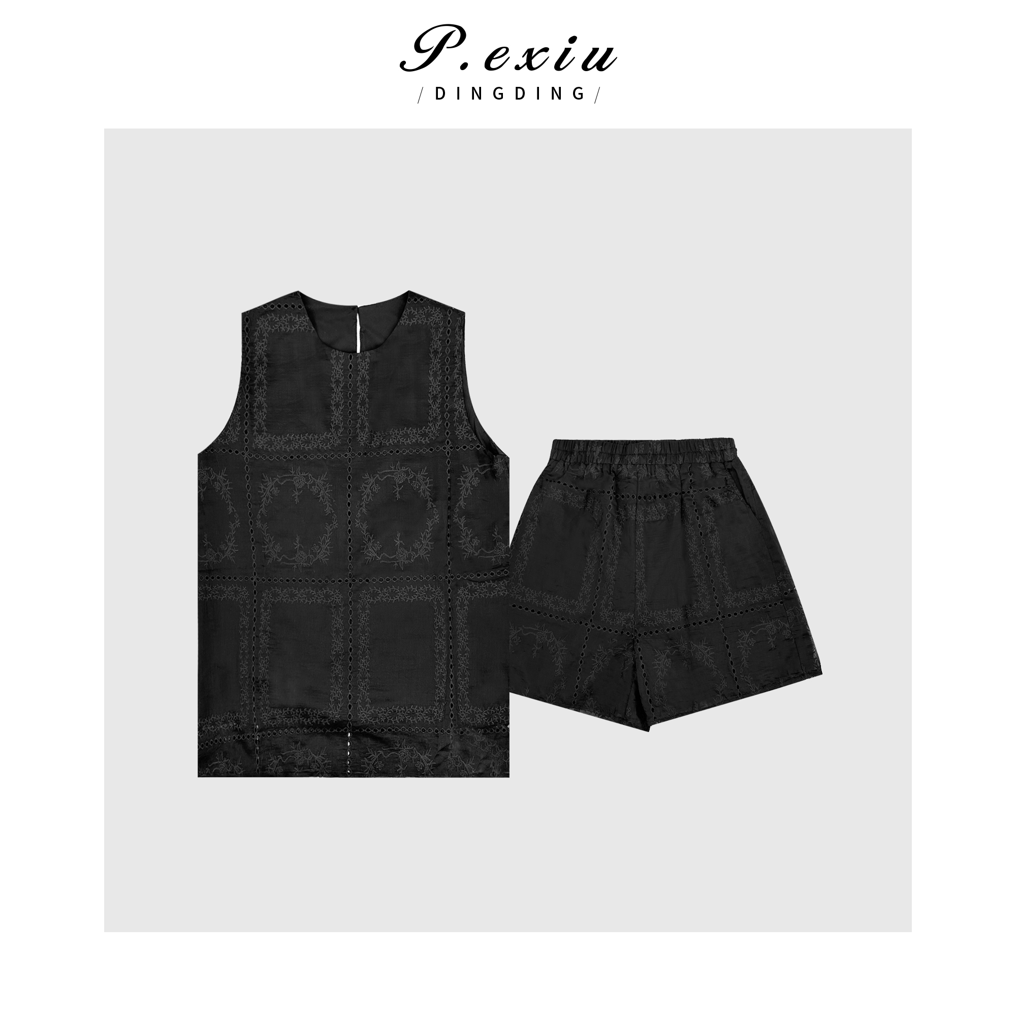 03-5潘依绣丁丁宠粉天丝气质重工提花刺绣短裤背心套装 W-63076