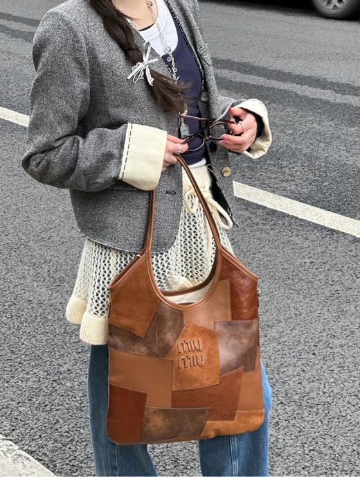 缪缪 Ivy皮革拼贴 干邑色 牛皮 单肩包 商品图2