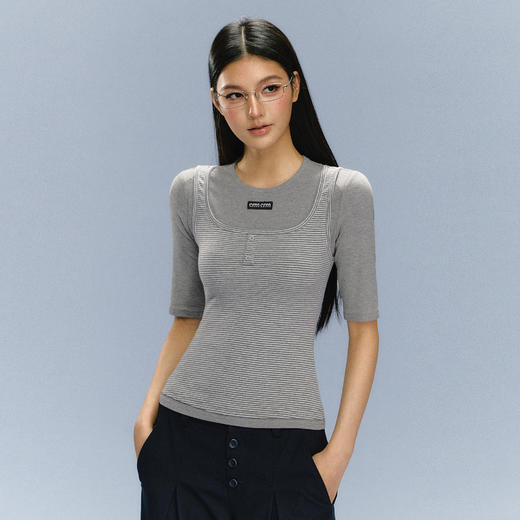 Ariseism 美式复古灰色假两件短袖T恤女夏季新款上衣 商品图2