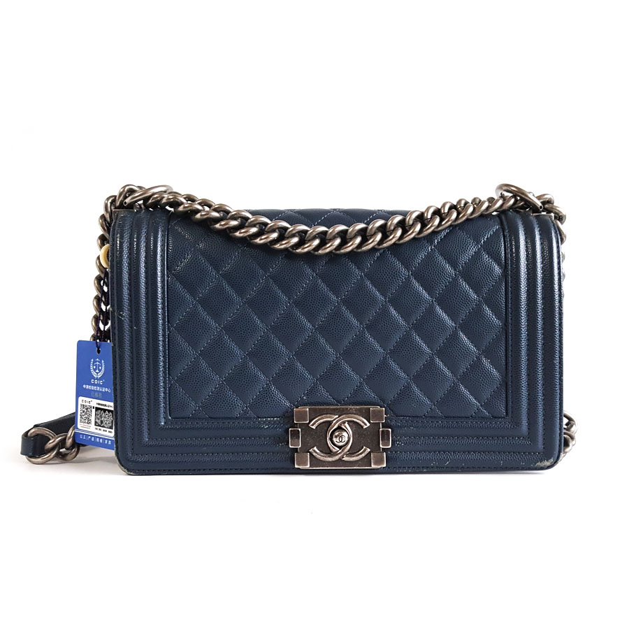 【9新】CHANEL香奈儿LEBOYA67086Y833384B800中号蓝色银扣荔枝牛皮LEBOY链条包单肩包女士180326TJ19