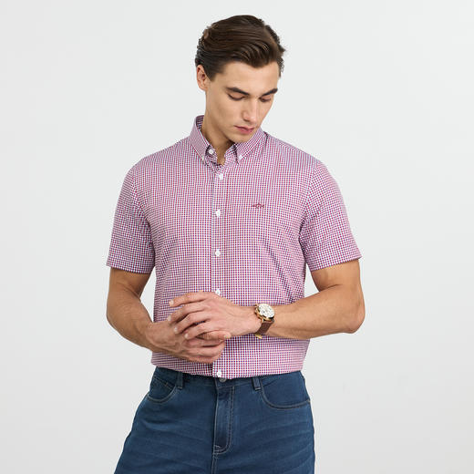 【纯棉】德鲨男士短袖格子衬衫2026夏季新款休闲打底上衣男装衬衣 商品图1