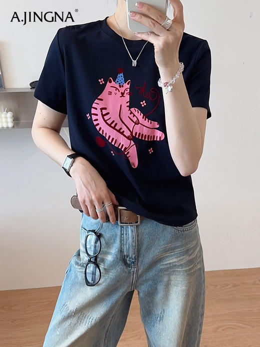 【减龄百搭】阿菁娜春季新款卡通猫咪印花AB面短袖T恤F31C301023 商品图2
