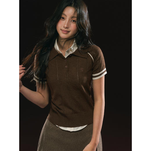 Ariseism 美式复古POLO领针织短袖上衣女夏季新款上衣 商品图1