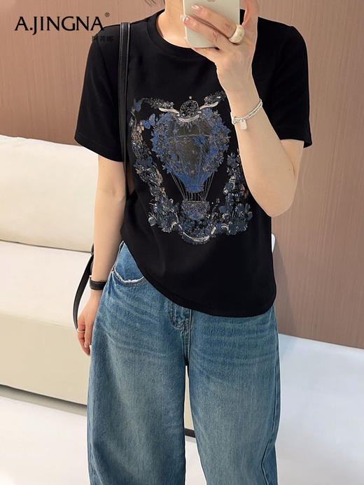 【日常通勤】阿菁娜春季新款复古热气球印花AB面短袖T恤F31C301022 商品图4