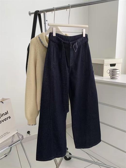 F0327118气质带腰带牛仔弯刀裤女遮胯显瘦梨形裤镰刀裤拖地裤 商品图0