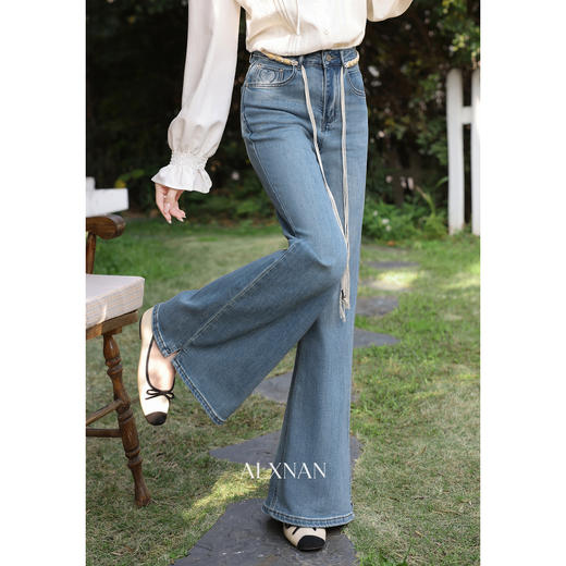 鹿向南「星落花海」蓝色牛仔裤女春季新款高腰宽松拖地长款裤子 商品图0