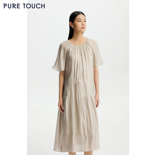 PURE TOUCH女26春夏新款连肩飞飞袖连衣裙珠光微闪抽褶度假中长裙 商品图3