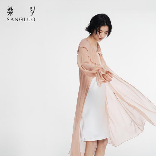 月光倾泻』桑罗荷叶领飘带长袖真丝睡袍100%桑蚕丝女家居服可外穿 商品图2