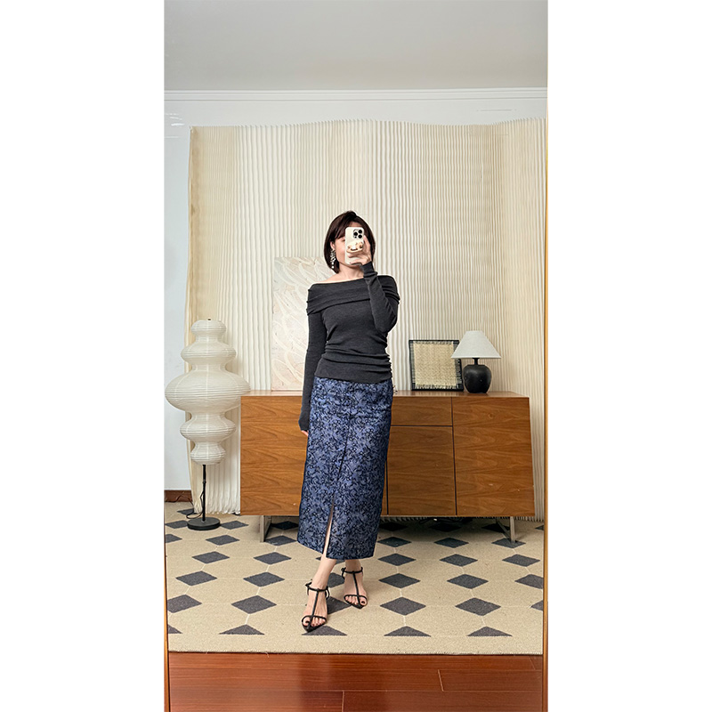 面纱 双层面料100真丝+100棉 H型包臀半裙 藏青碎花小众款