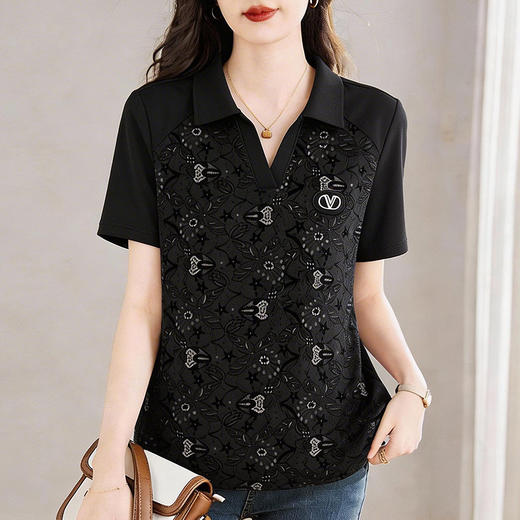 黑色V领印花短袖T恤女2026夏季新款大码女装宽松遮肚气质显瘦上衣 商品图0