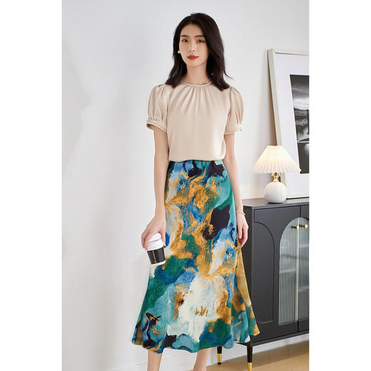 杏色衬衫上衣+印花半身裙5M25BG3922 商品图2