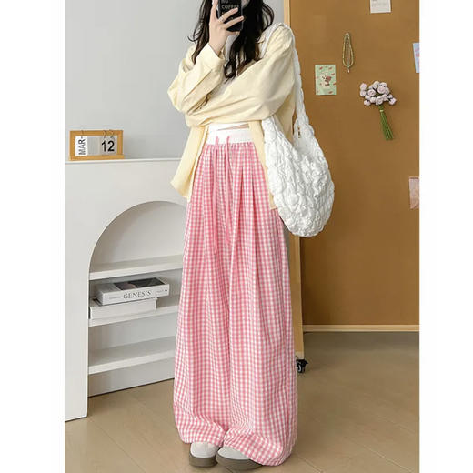 【清新元气❗️格子直筒裤】高弹宽松遮肉，抽绳松紧腰，通勤居家都能穿，百搭各种上衣，夏日出门超轻松，休闲宽松格纹女裤，多巴胺格子裤薄款高腰小个子阔腿裤L 商品图1