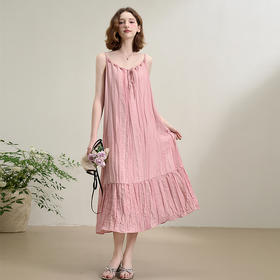 【亚麻】复古串珠缩褶肌理感吊带裙女夏季度假风吊带裙LXD50585