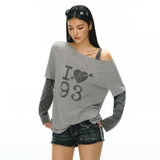 Ariseism 美式复古灰色波点斜肩长袖上衣女春季新款上衣 商品图1