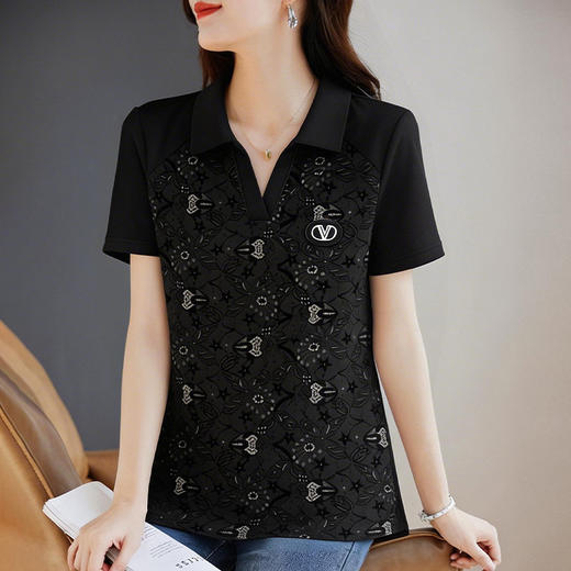 黑色V领印花短袖T恤女2026夏季新款大码女装宽松遮肚气质显瘦上衣 商品图2