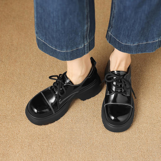 阿么手工女鞋系带英伦风小皮鞋厚底6CM小个子亮面百搭乐福鞋女款 商品图3